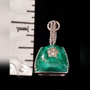 Sterling Silver Charm, Inlaid Green Enamel and Studded with Diamond-like s…
